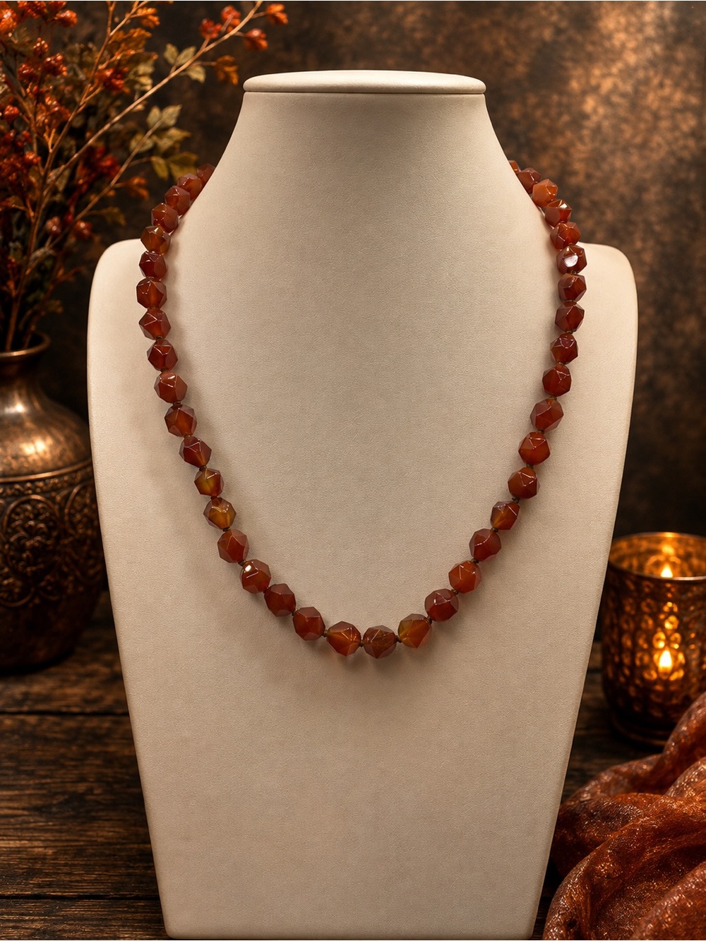 Faceted Carnelian Bead Necklace 18 inch Aprilsplace hand knotted